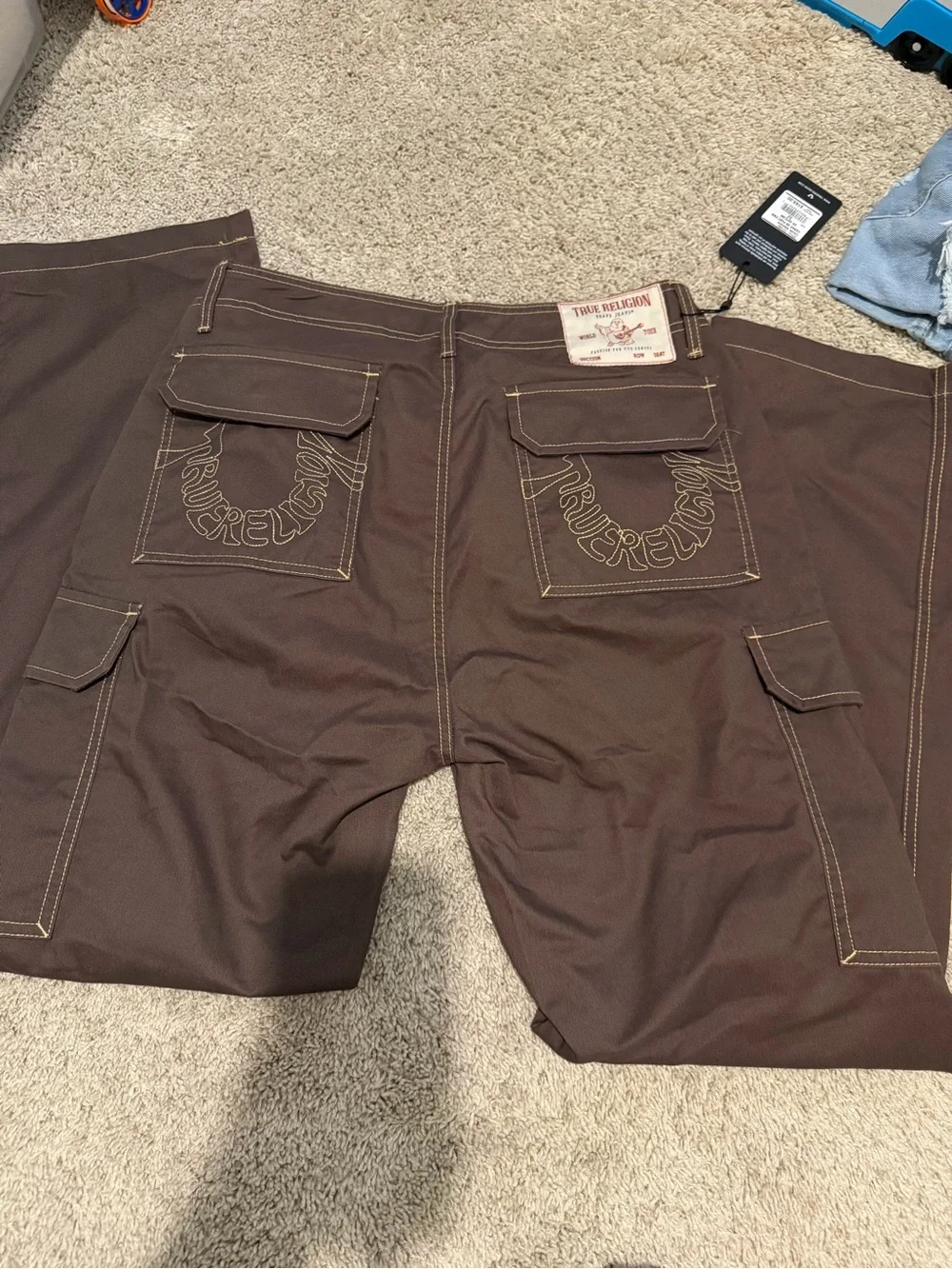 True Religion Brown Cargo Pants with Contrast Stitching
